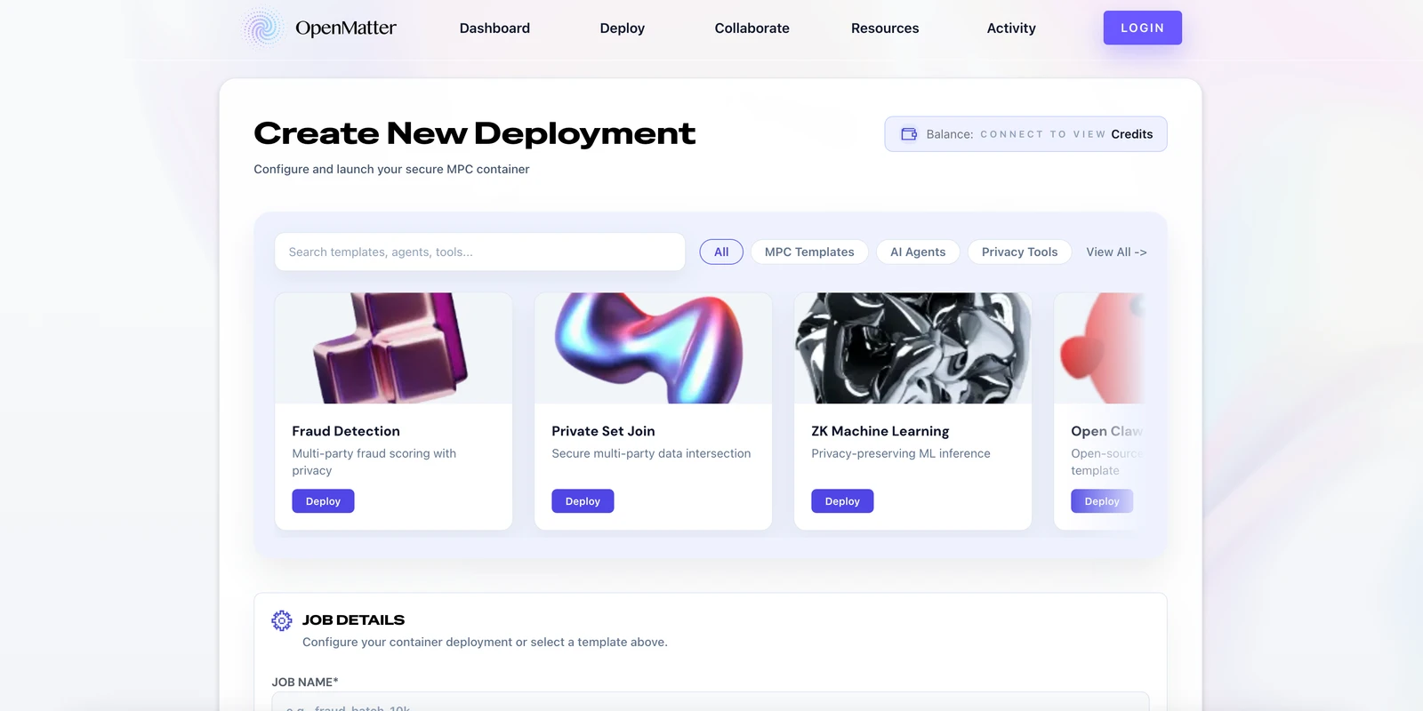 Datavizor create new deployment screen